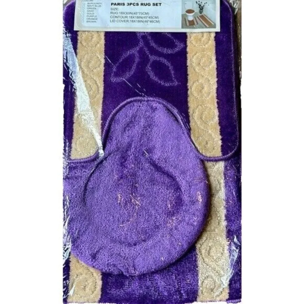 Purple 3pc Bathmat Set Non-Slip Absorbent mat and contour rugs, Toilet Lid Cover